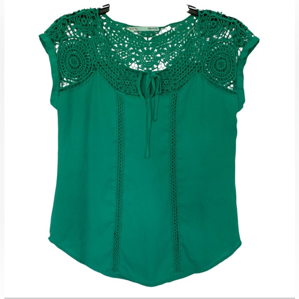 Maurices Crochet Shirt Blouse Green Short Sleeve Tie Front Size Medium